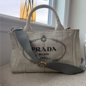 Small Prada Denim Canapa Tote with Gray Strap